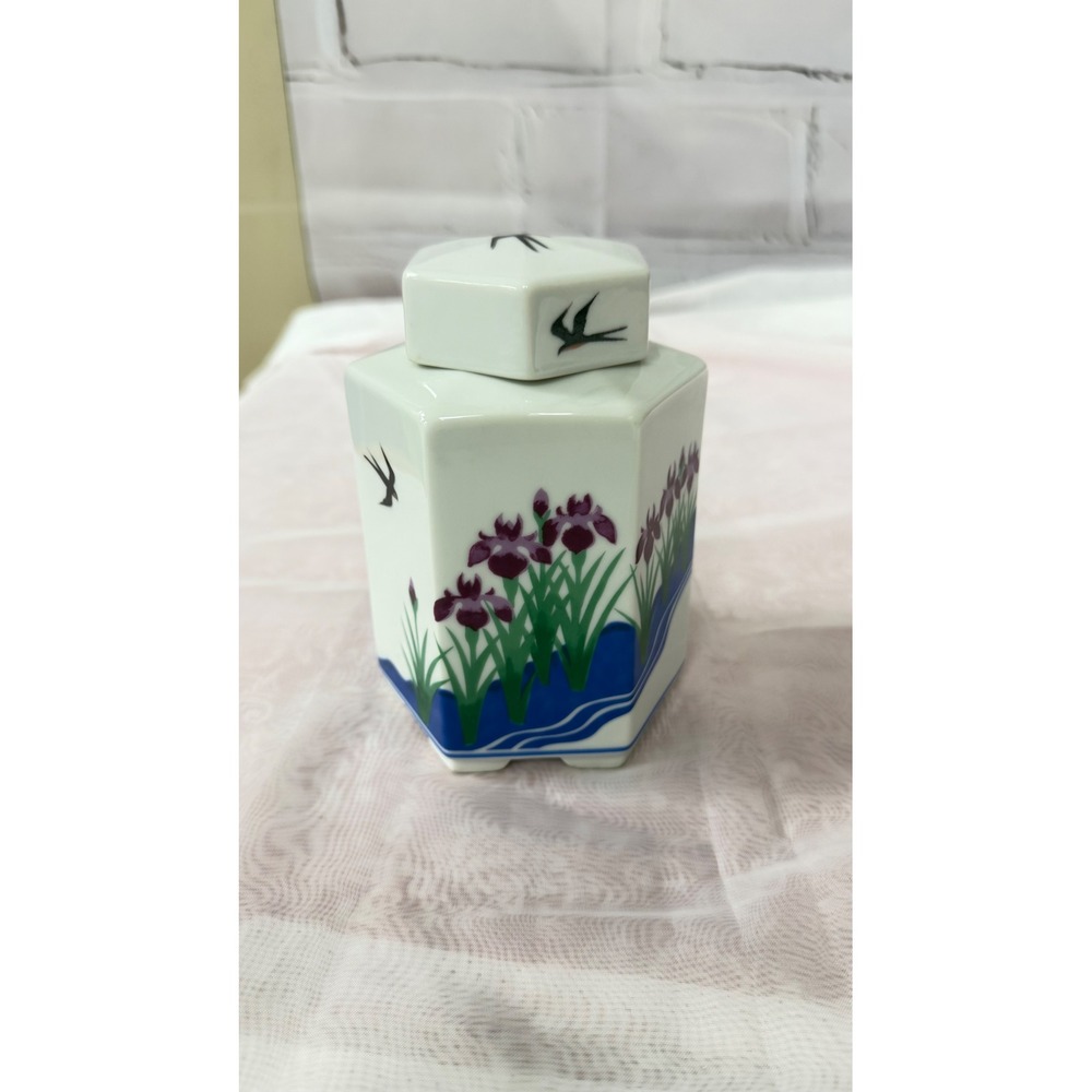 Vintage Japanese Hexagonal Porcelain Tea Caddy Purple Iris Swallow Ginger Jar